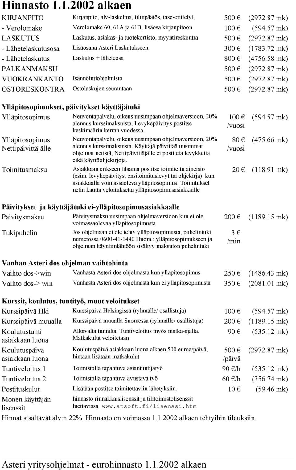 72 mk) - Lähetelaskutus Laskutus + läheteosa 800 (4756.58 mk) PALKANMAKSU 500 (2972.87 mk) VUOKRANKANTO Isännöintiohjelmisto 500 (2972.87 mk) OSTORESKONTRA Ostolaskujen seurantaan 500 (2972.