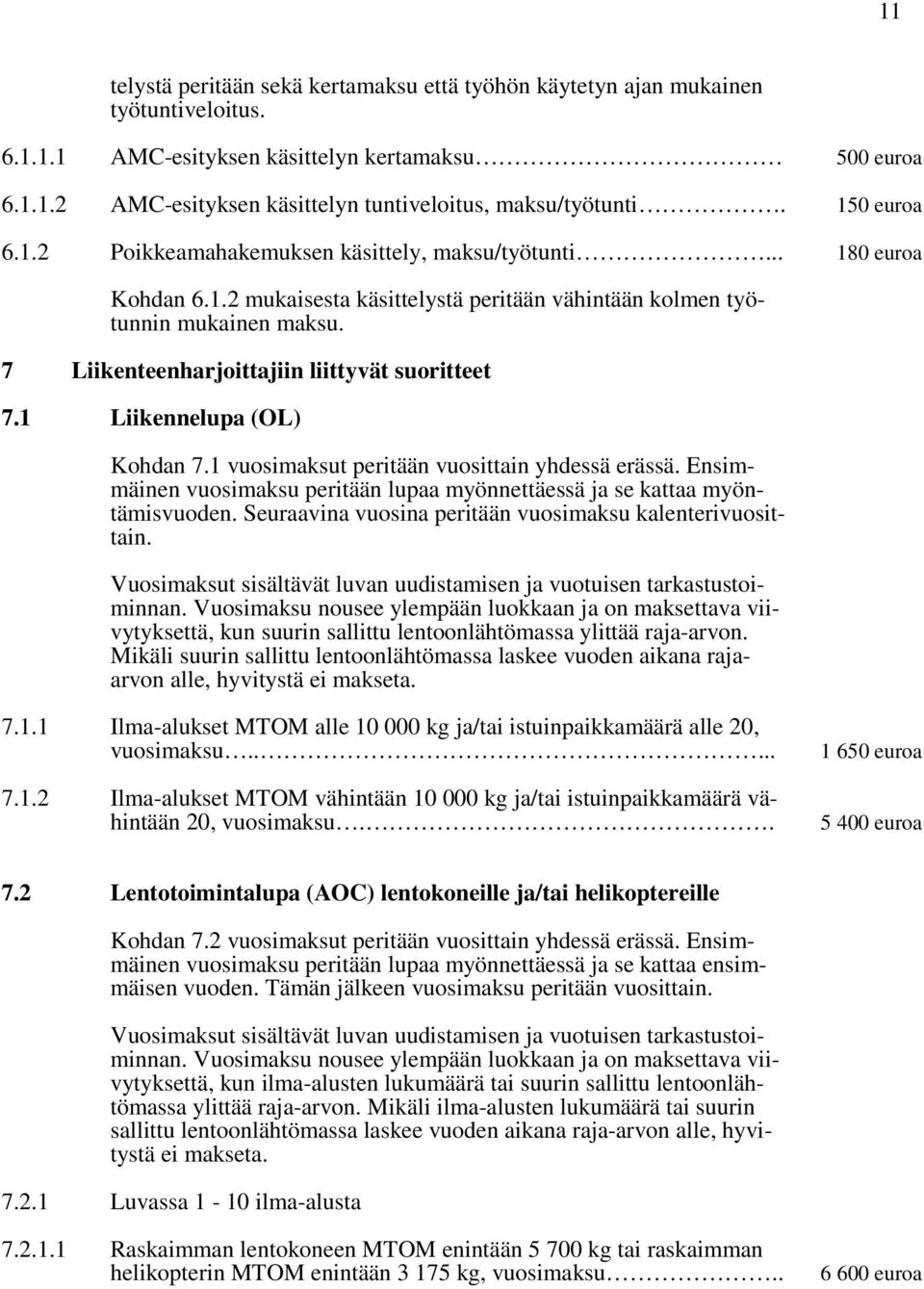 7 Liikenteenharjoittajiin liittyvät suoritteet 7.1 Liikennelupa (OL) Kohdan 7.1 vuosimaksut peritään vuosittain yhdessä erässä.