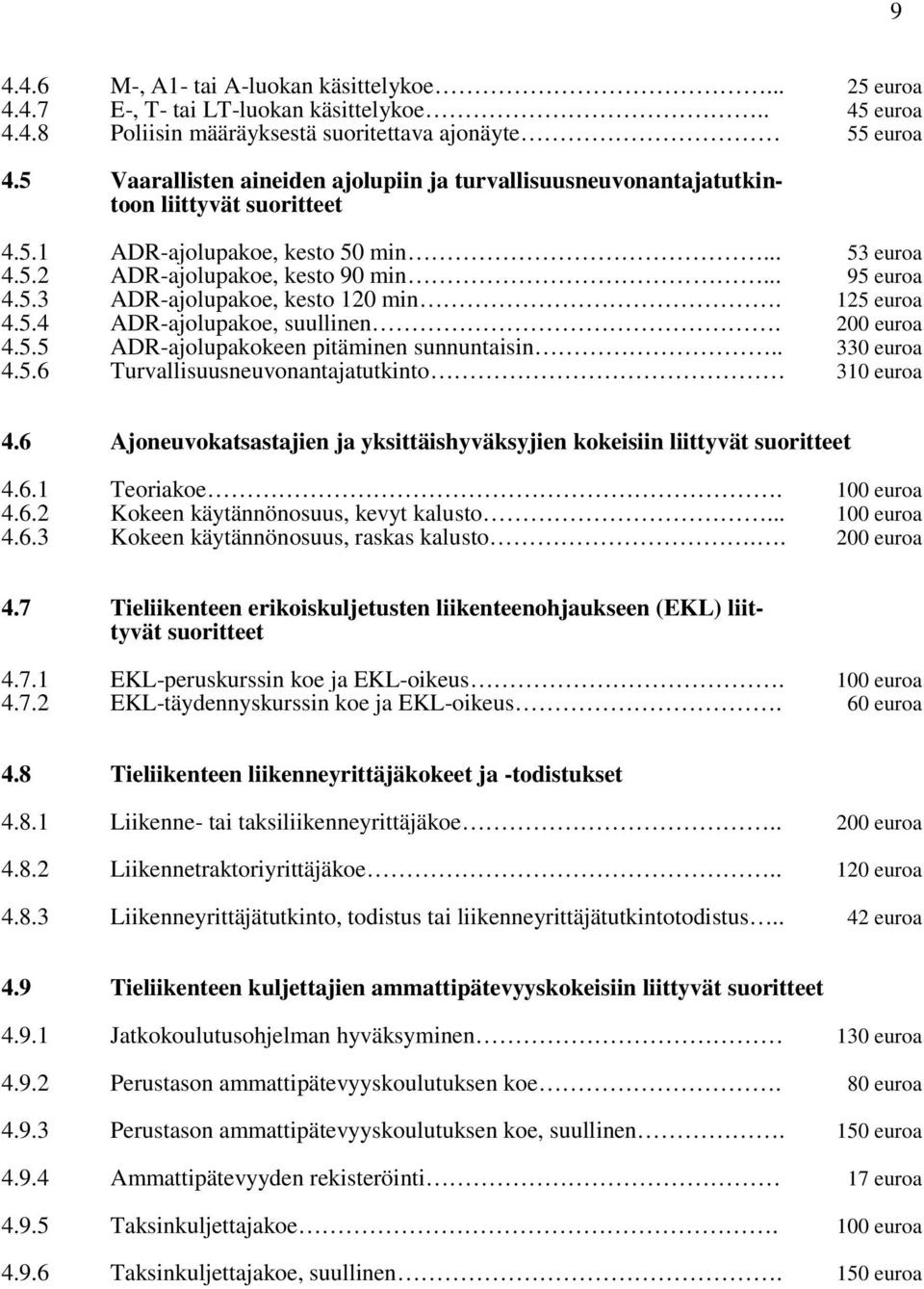 125 euroa 4.5.4 ADR-ajolupakoe, suullinen. 200 euroa 4.5.5 ADR-ajolupakokeen pitäminen sunnuntaisin.. 330 euroa 4.5.6 Turvallisuusneuvonantajatutkinto 310 euroa 4.