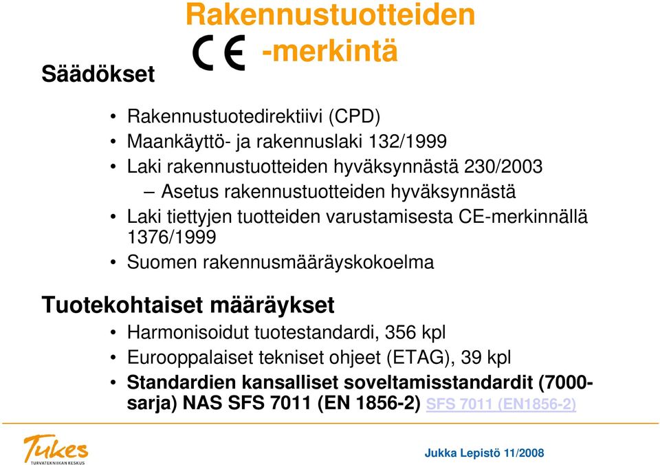 1376/1999 Suomen rakennusmääräyskokoelma Tuotekohtaiset määräykset Harmonisoidut tuotestandardi, 356 kpl Eurooppalaiset