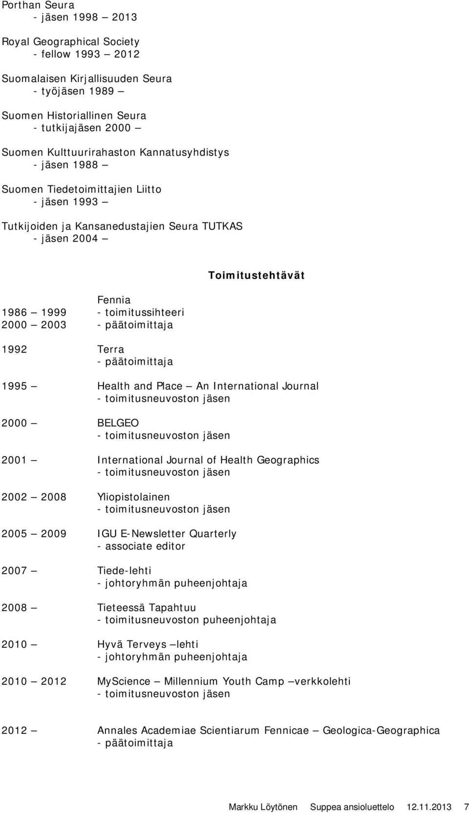 Terra - päätoimittaja Toimitustehtävät 1995 Health and Place An International Journal - toimitusneuvoston jäsen 2000 BELGEO - toimitusneuvoston jäsen 2001 International Journal of Health Geographics