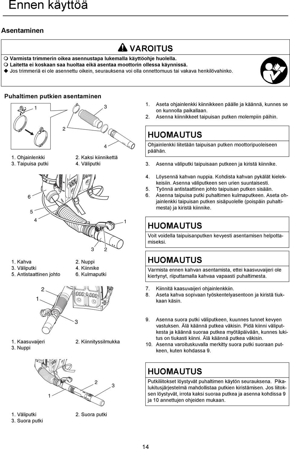 Aseta ohjainlenkki kiinnikkeen päälle ja käännä, kunnes se on kunnolla paikallaan. 2. Asenna kiinnikkeet taipuisan putken molempiin päihin. 1. Ohjainlenkki 3. Taipuisa putki 2. Kaksi kiinnikettä 4.