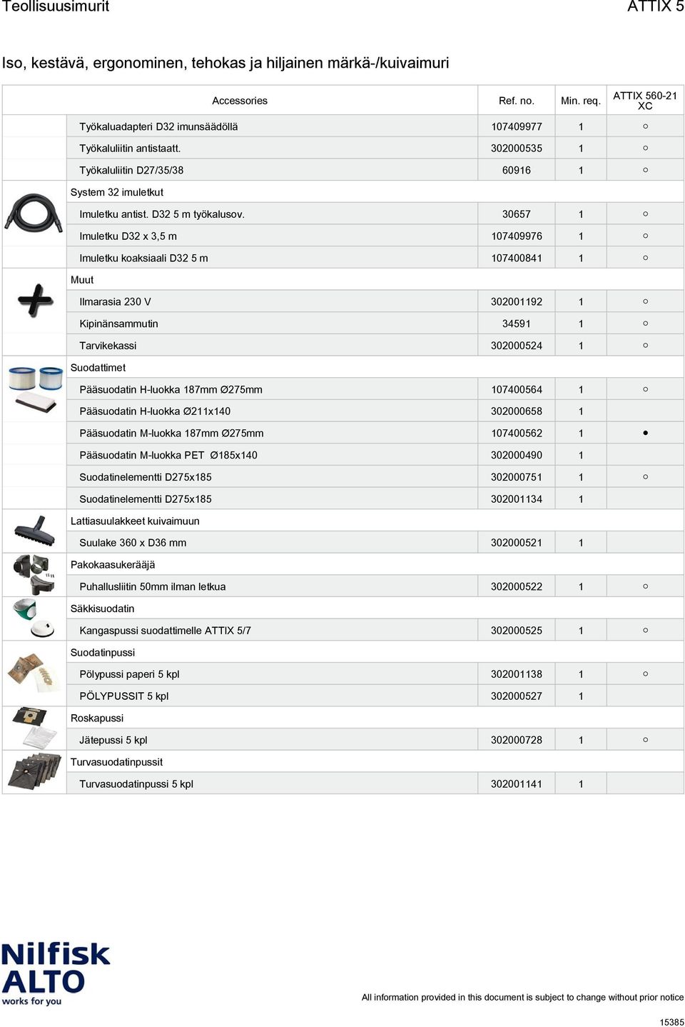 187mm Ø275mm 107400564 1 Pääsuodatin H-luokka Ø211x140 302000658 1 Pääsuodatin M-luokka 187mm Ø275mm 107400562 1 Pääsuodatin M-luokka PET Ø185x140 302000490 1 Suodatinelementti D275x185 302000751 1