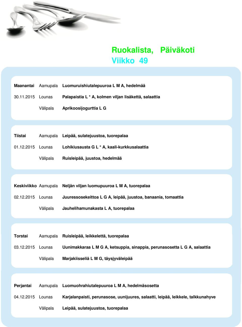 2015 Lounas Lohikiusausta G L * A, kaali-kurkkusalaattia Ruisleipää, juustoa, hedelmää Neljän viljan luomupuuroa L M A, tuorepalaa 02.12.