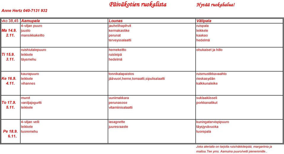 täysmehu hedelmä kaurapuuro tonnikalapaistos ruismustikkavaahto Ke 16.9. leikkele jäävuori,herne,tomaatti,sipulisalaatti rieskasydän 4.11.