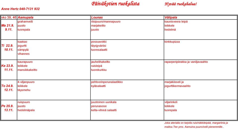 sämpylä tuoresalaatti vihannes kaurapuuro jauhelihakeitto raparperipiirakka ja vaniljavaahto Ke 23.9. leikkele ruisleipä 11.