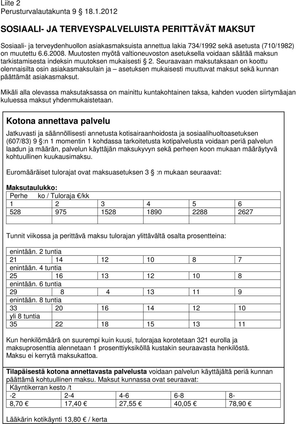 Seuraavaan maksutaksaan on koottu olennaisilta osin asiakasmaksulain ja asetuksen mukaisesti muuttuvat maksut sekä kunnan päättämät asiakasmaksut.