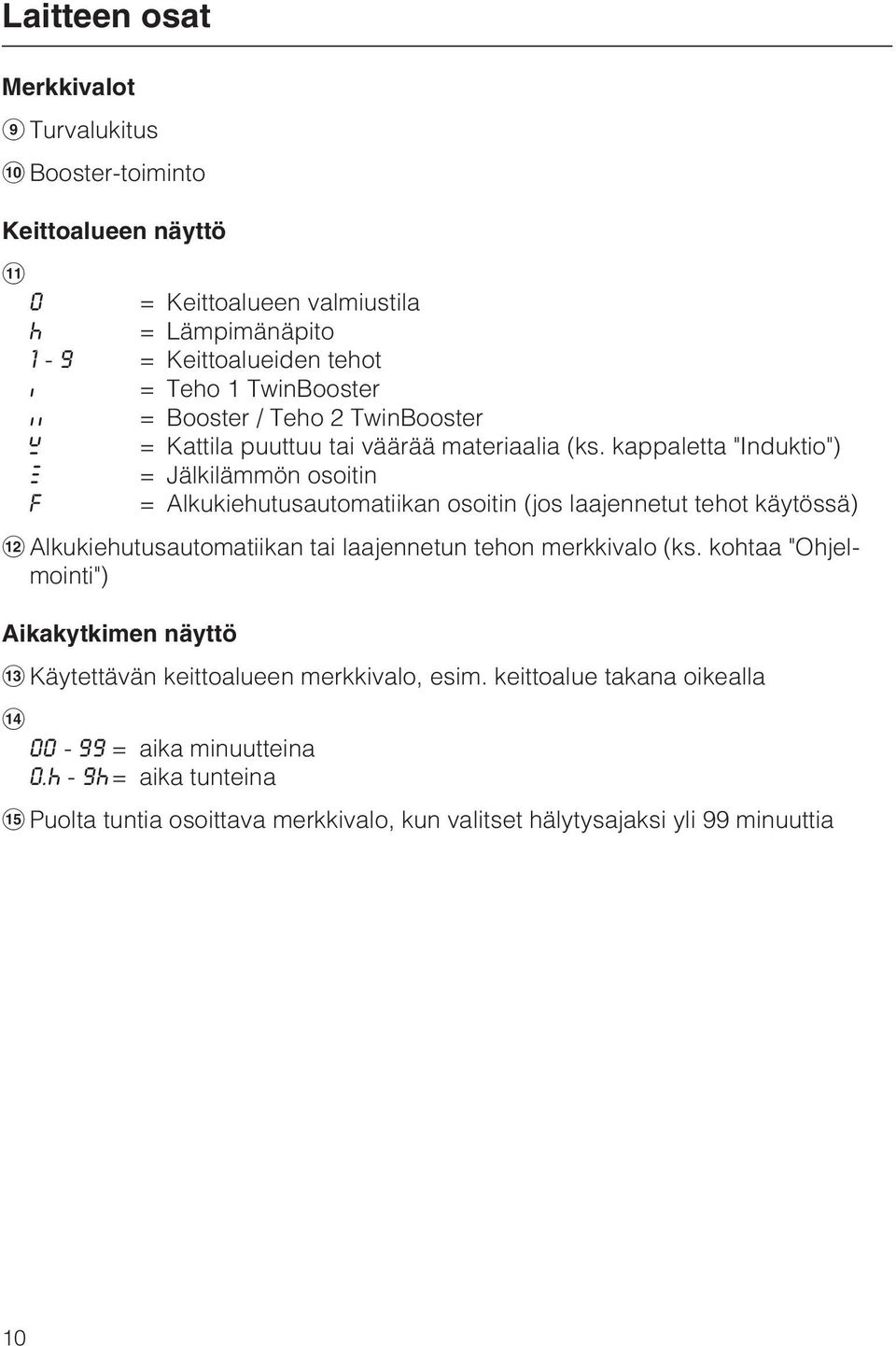 kappaletta "Induktio") # = Jälkilämmön osoitin F = Alkukiehutusautomatiikan osoitin (jos laajennetut tehot käytössä) Alkukiehutusautomatiikan tai laajennetun tehon