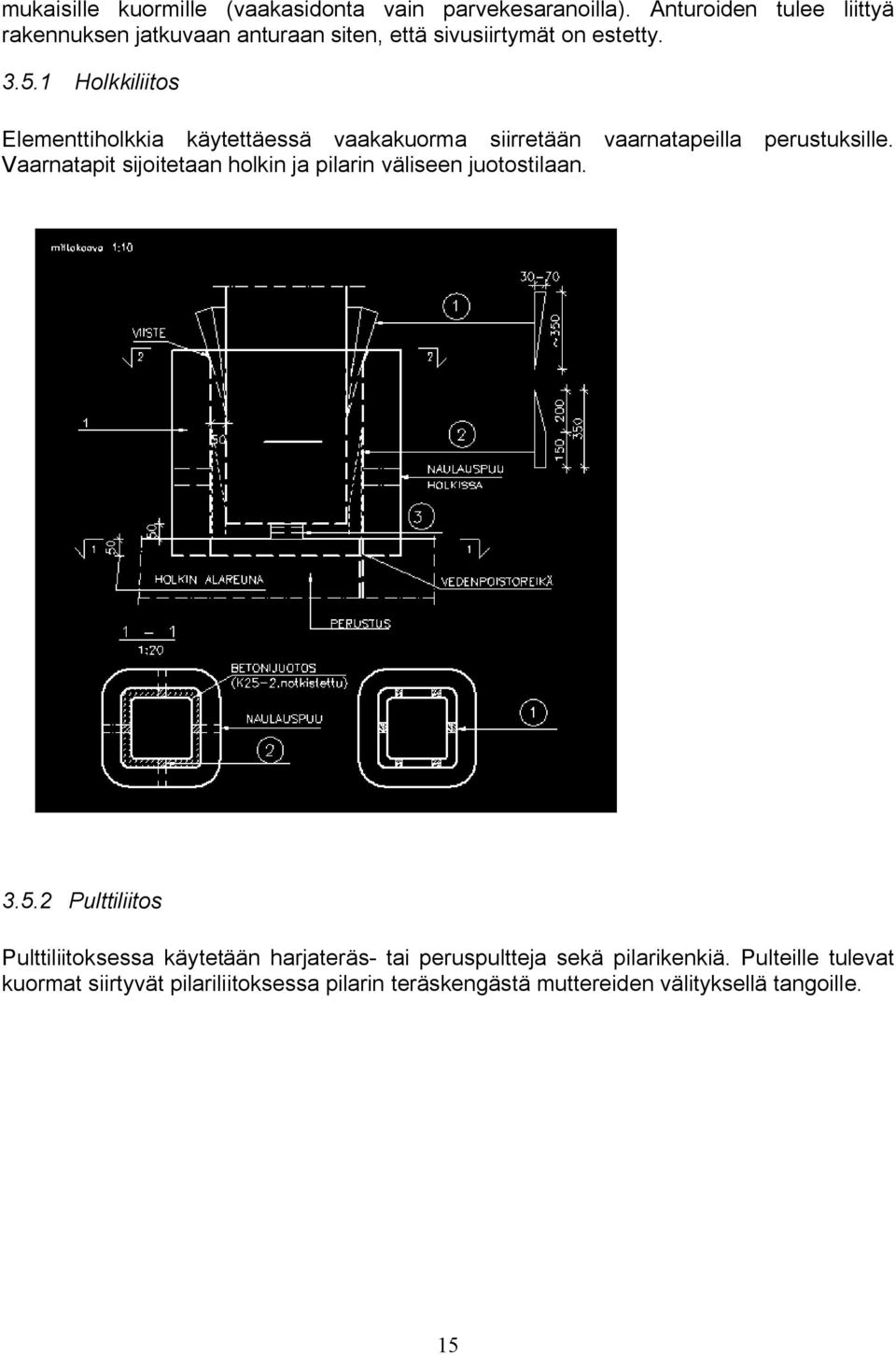 1 Holkkiliitos Elementtiholkkia käytettäessä vaakakuorma siirretään vaarnatapeilla perustuksille.