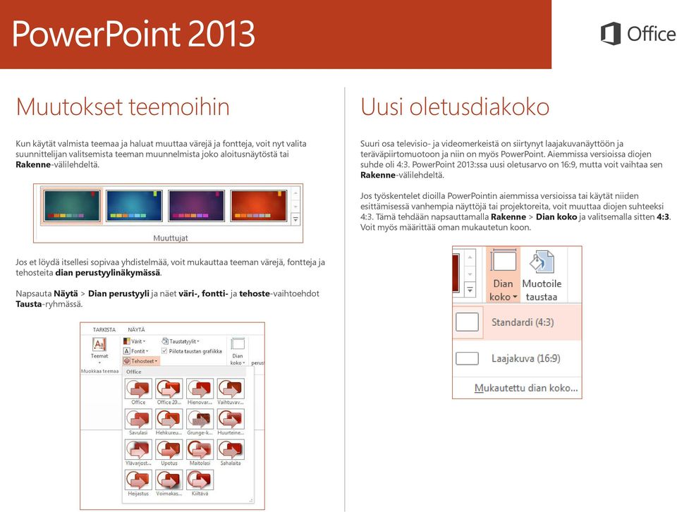 PowerPoint 2013:ssa uusi oletusarvo on 16:9, mutta voit vaihtaa sen Rakenne-välilehdeltä.