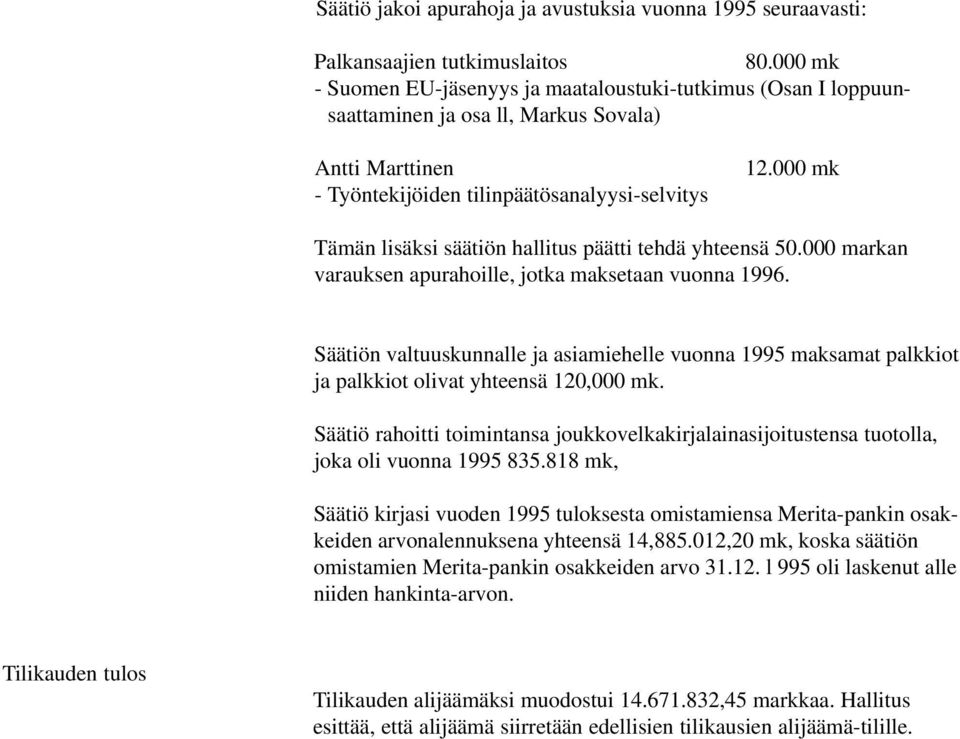 000 mk Tämän lisäksi säätiön hallitus päätti tehdä yhteensä 50.000 markan varauksen apurahoille, jotka maksetaan vuonna 1996.