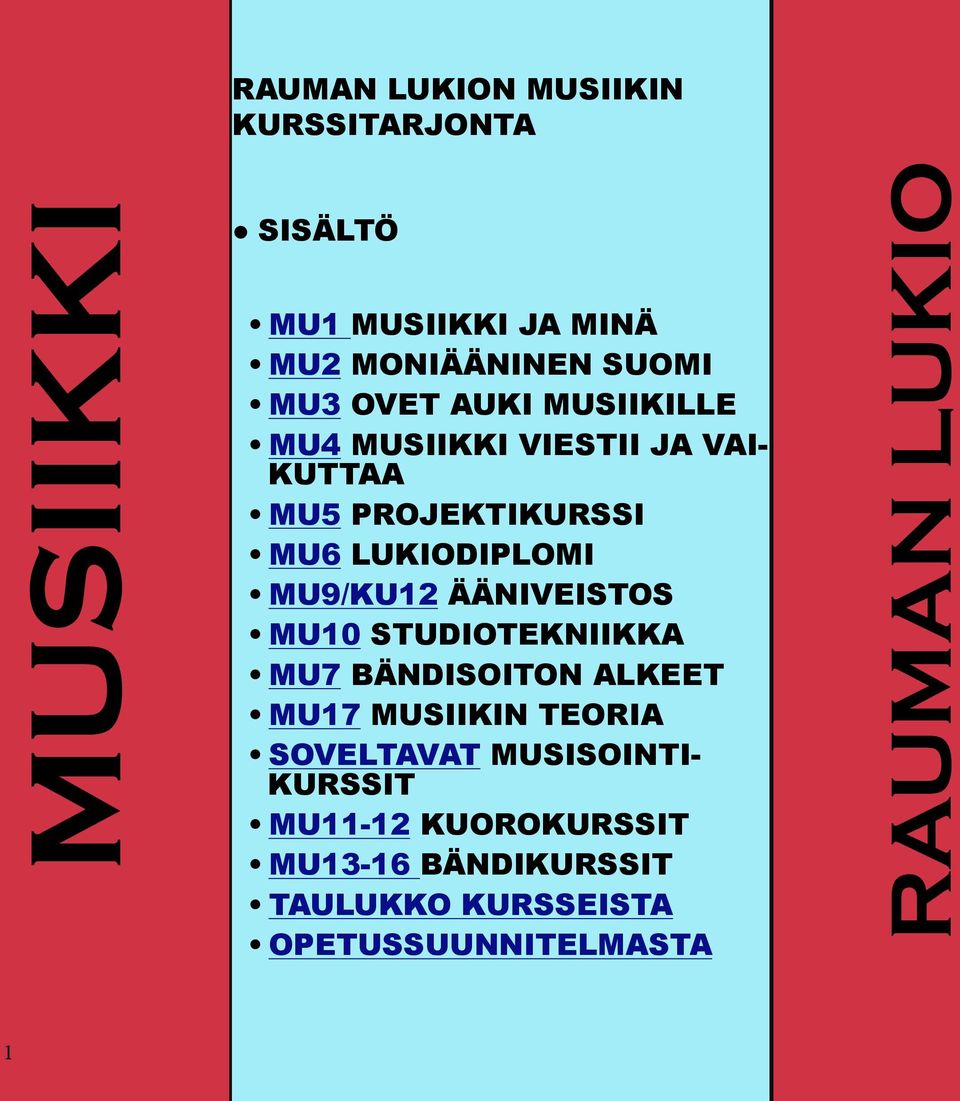 ÄÄNIVEISTOS MU10 STUDIOTEKNIIKKA MU7 BÄNDISOITON ALKEET MU17 MUSIIKIN TEORIA SOVELTAVAT