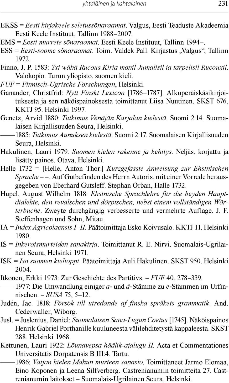 Valokopio. Turun yliopisto, suomen kieli. FUF = Finnisch-Ugrische Forschungen, Helsinki. Ganander, Christfrid: Nytt Finskt Lexicon [1786 1787].
