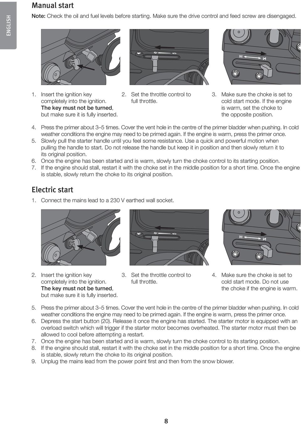 If the engine is warm, set the choke to the opposite position. 4. Press the primer about 3 5 times. Cover the vent hole in the centre of the primer bladder when pushing.