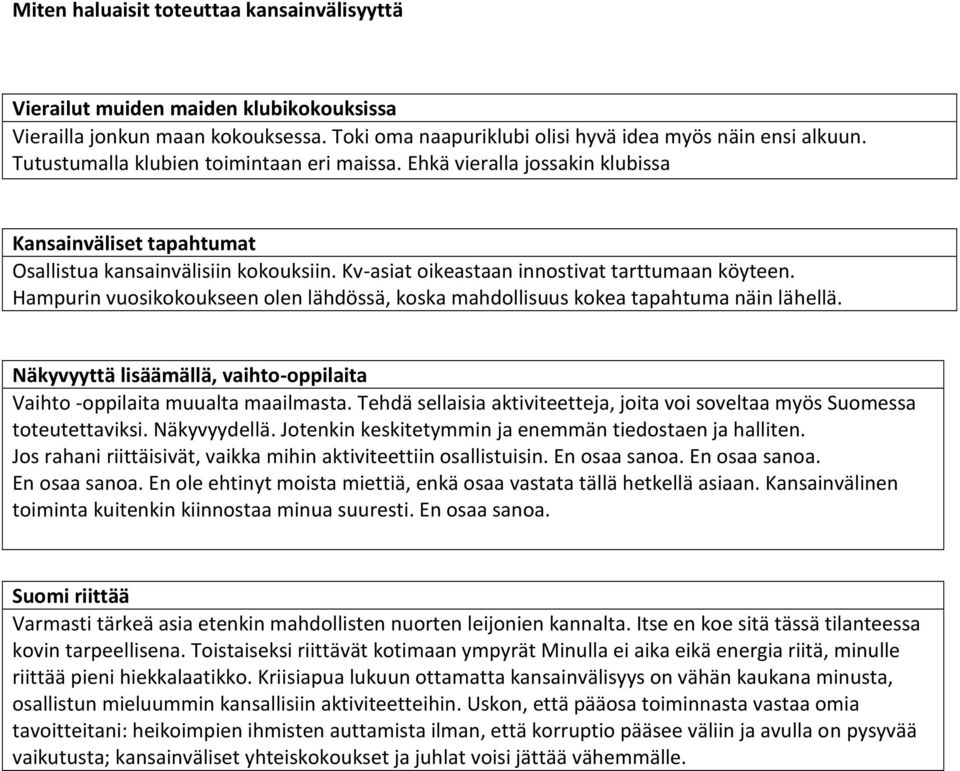 Hampurin vuosikokoukseen olen lähdössä, koska mahdollisuus kokea tapahtuma näin lähellä. Näkyvyyttä lisäämällä, vaihto-oppilaita Vaihto -oppilaita muualta maailmasta.