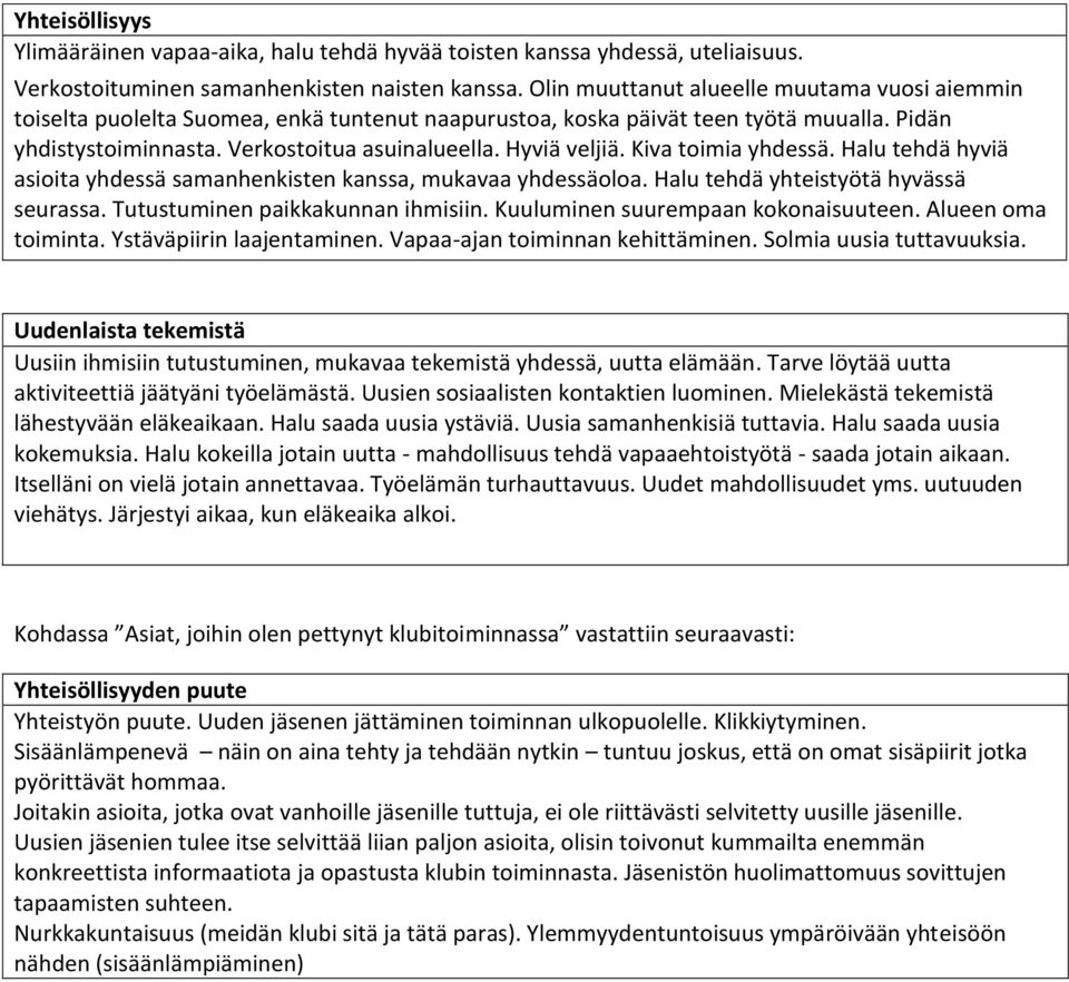 Kiva toimia yhdessä. Halu tehdä hyviä asioita yhdessä samanhenkisten kanssa, mukavaa yhdessäoloa. Halu tehdä yhteistyötä hyvässä seurassa. Tutustuminen paikkakunnan ihmisiin.