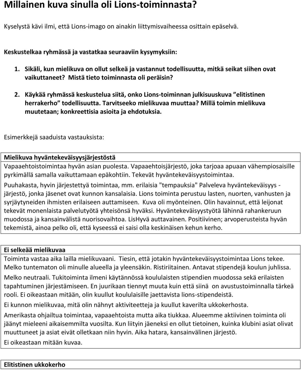Käykää ryhmässä keskustelua siitä, onko Lions-toiminnan julkisuuskuva elitistinen herrakerho todellisuutta. Tarvitseeko mielikuvaa muuttaa?