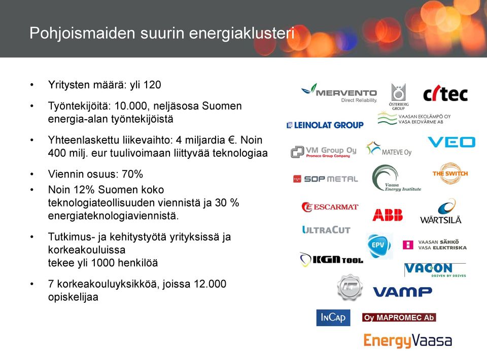 eur tuulivoimaan liittyvää teknologiaa Viennin osuus: 70% Noin 12% Suomen koko teknologiateollisuuden viennistä ja