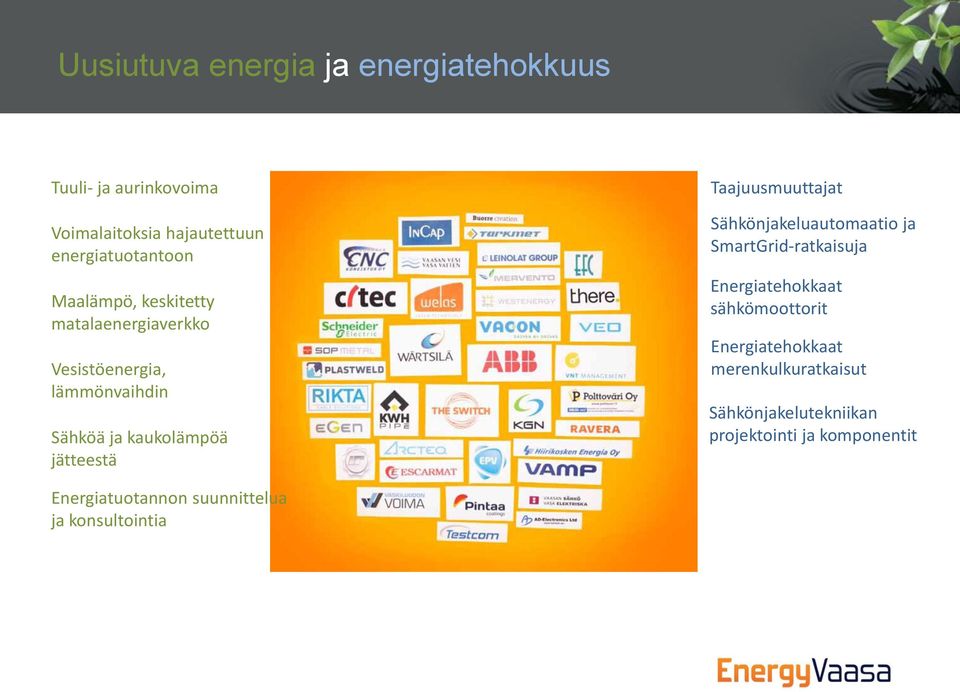 Taajuusmuuttajat Sähkönjakeluautomaatio ja SmartGrid-ratkaisuja Energiatehokkaat sähkömoottorit