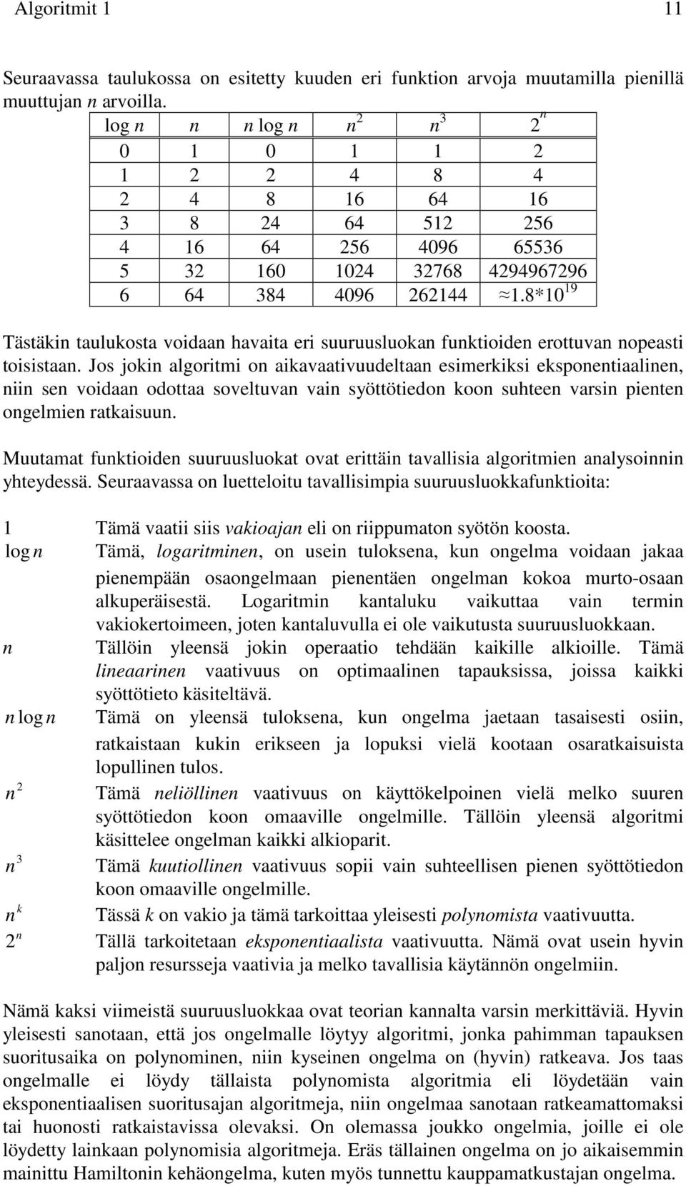 8*10 19 Tästäkin taulukosta voidaan havaita eri suuruusluokan funktioiden erottuvan nopeasti toisistaan.