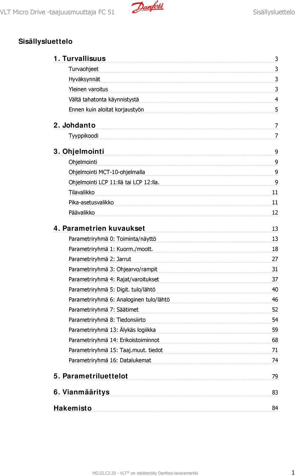 Ohjelmointi 9 Ohjelmointi 9 Ohjelmointi MCT-10-ohjelmalla 9 Ohjelmointi LCP 11:llä tai LCP 12:lla. 9 Tilavalikko 11 Pika-asetusvalikko 11 Päävalikko 12.