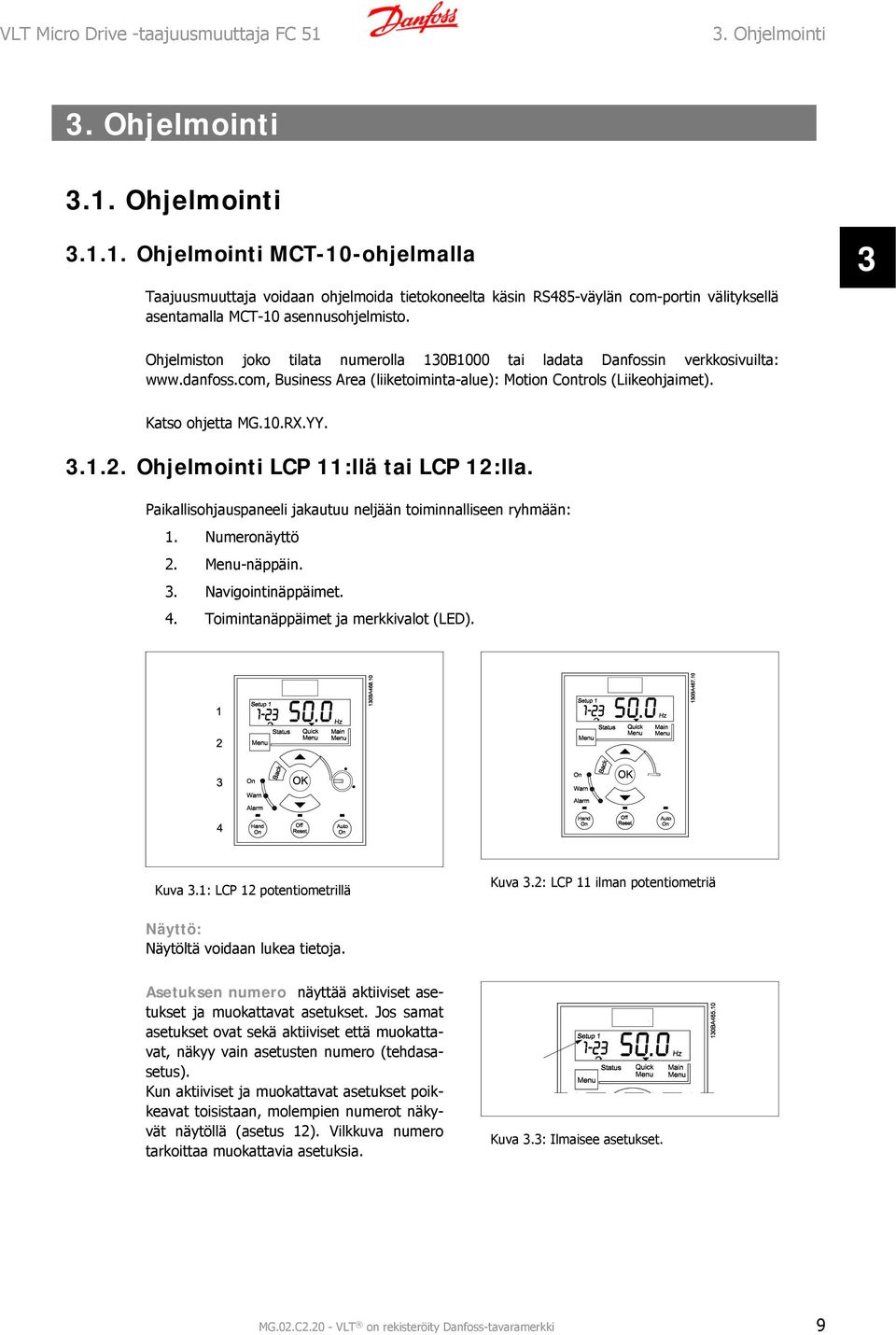 Ohjelmointi LCP 11:llä tai LCP 12:lla. Paikallisohjauspaneeli jakautuu neljään toiminnalliseen ryhmään: 1. Numeronäyttö 2. Menu-näppäin. 3. Navigointinäppäimet.. Toimintanäppäimet ja merkkivalot (LED).