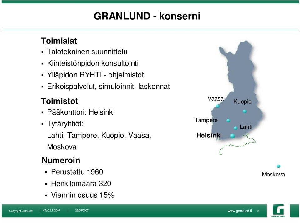 Pääkonttori: Helsinki Tytäryhtiöt: Lahti, Tampere, Kuopio, Vaasa, Moskova Numeroin