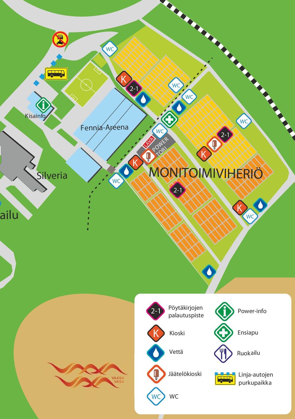 Pöytäkirjojen palautuspiste Kioski Power-info Ensiapu Vettä