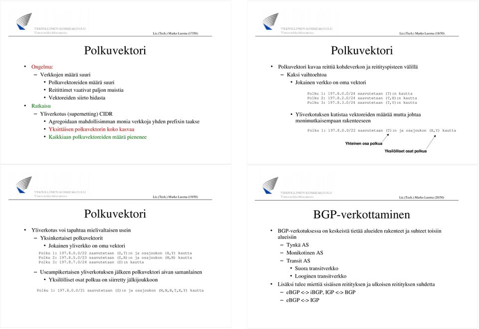 Ratkaisu Yliverkotus (supernetting) CIDR Agregoidaan mahdollisimman monia verkkoja yhden prefixin taakse Yksittäisen polkuvektorin koko kasvaa Kaikkiaan polkuvektoreiden määrä pienenee Polkuvektori