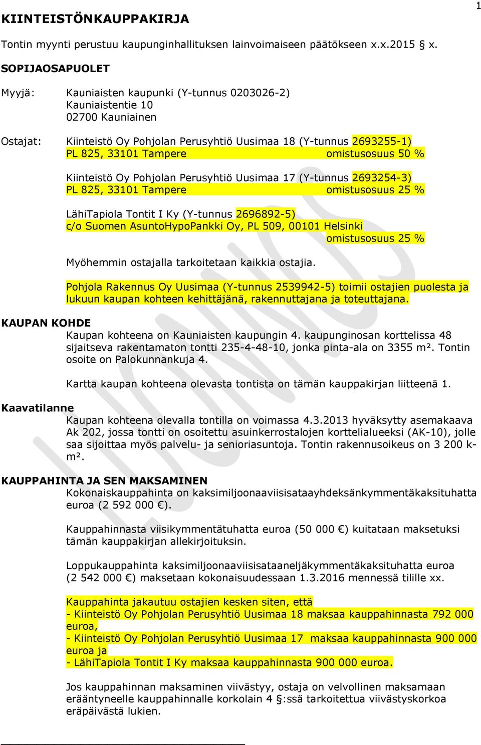 omistusosuus 50 % Kiinteistö Oy Pohjolan Perusyhtiö Uusimaa 17 (Y-tunnus 2693254-3) PL 825, 33101 Tampere omistusosuus 25 % LähiTapiola Tontit I Ky (Y-tunnus 2696892-5) c/o Suomen AsuntoHypoPankki