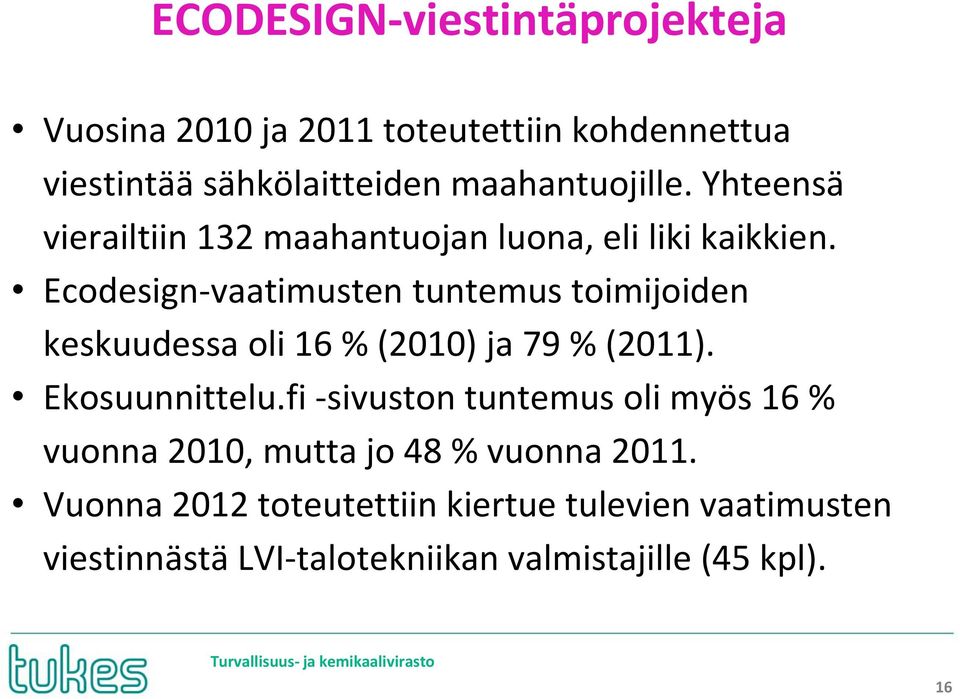 Ecodesign-vaatimusten tuntemus toimijoiden keskuudessa oli 16 % (2010) ja 79 % (2011). Ekosuunnittelu.