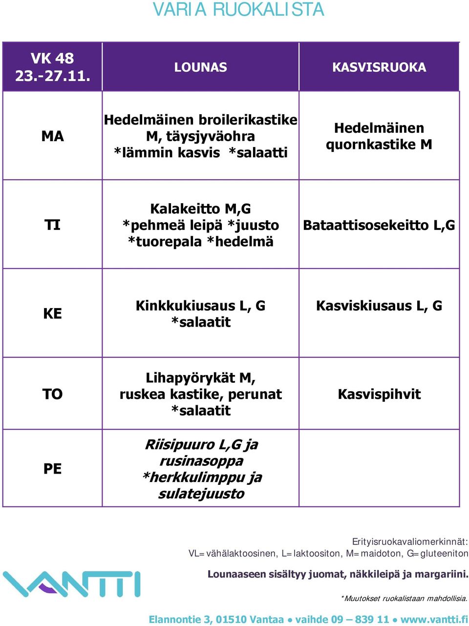 quornkastike M Kalakeitto M,G *pehmeä leipä *juusto Bataattisosekeitto L,G