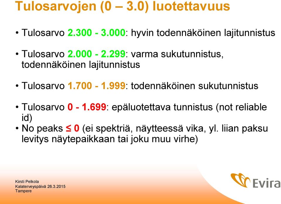 299: varma sukutunnistus, todennäköinen lajitunnistus Tulosarvo 1.700-1.