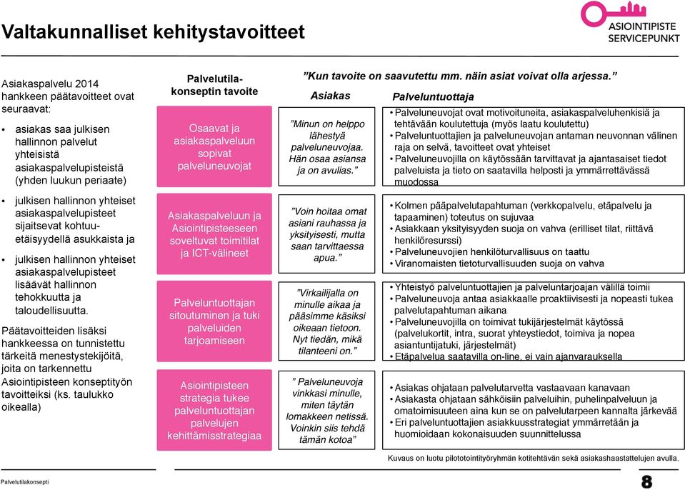 Päätavoitteiden lisäksi hankkeessa on tunnistettu tärkeitä menestystekijöitä, joita on tarkennettu Asiointipisteen konseptityön tavoitteiksi (ks.