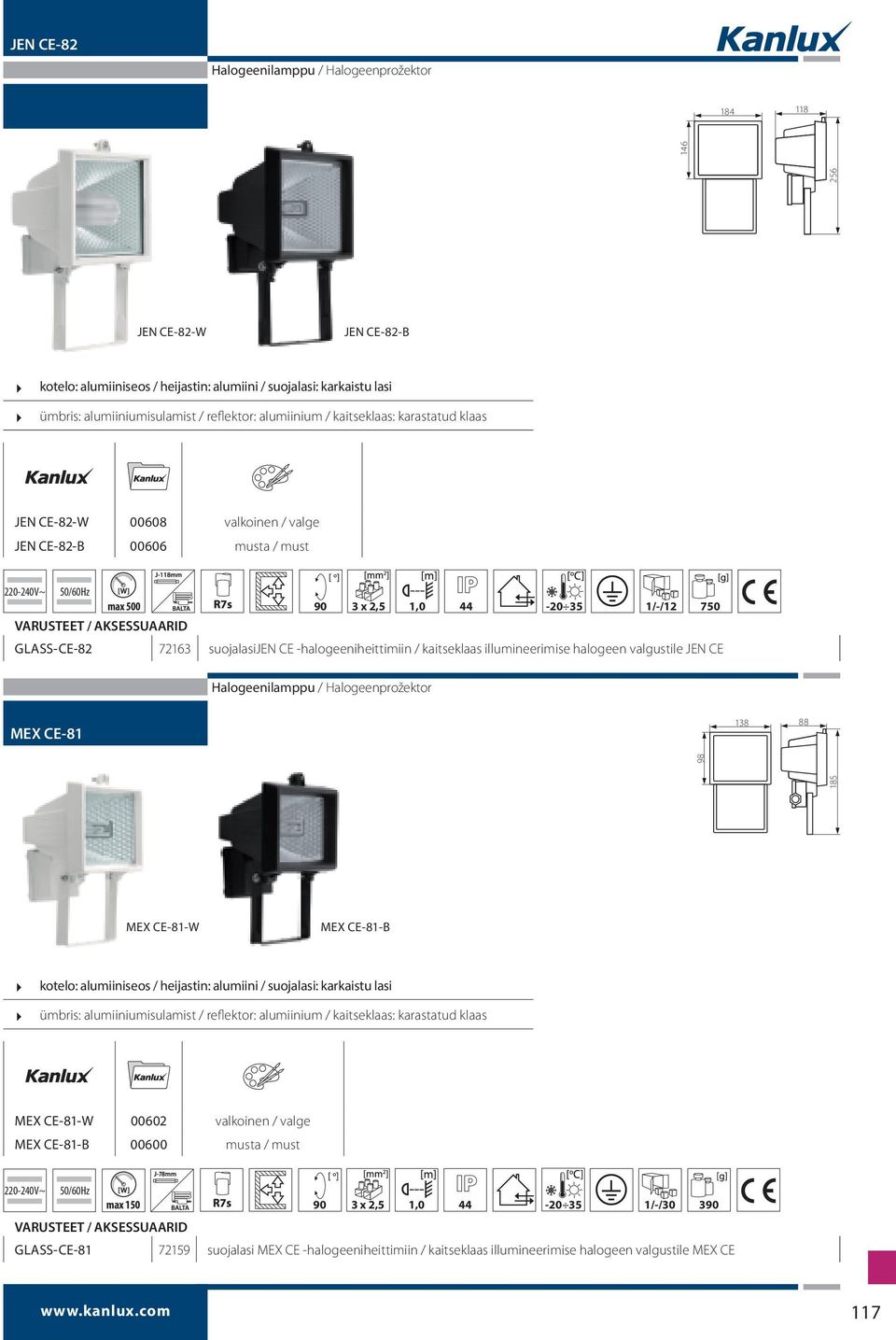 suojalasijen CE -halogeeniheittimiin / kaitseklaas illumineerimise halogeen valgustile JEN CE Halogeenilamppu / Halogeenprožektor MEX CE-81 138 88 185 98 MEX CE-81-W MEX CE-81-B kotelo: alumiiniseos