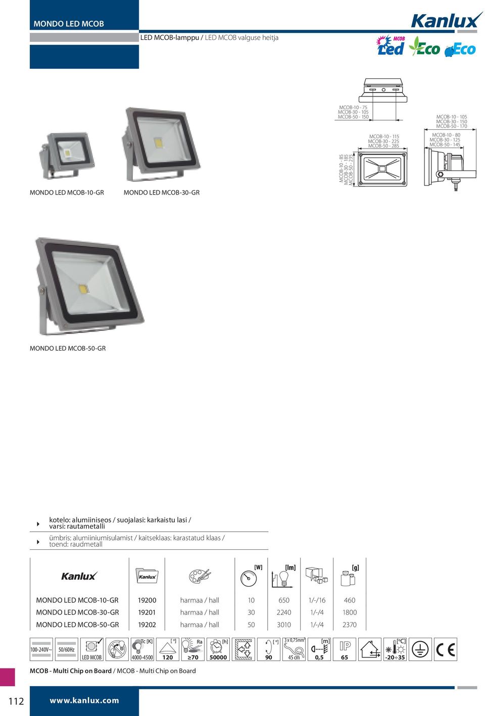 alumiiniumisulamist / kaitseklaas: karastatud klaas / toend: raudmetall MONDO LED MCOB-10-GR 19200 harmaa / hall 10 650 1/-/16 460 MONDO LED MCOB-30-GR 19201 harmaa / hall 30 2240 1/-/4 1800
