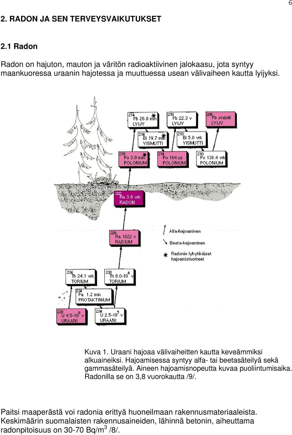 kautta lyijyksi. Kuva 1. Uraani hajoaa välivaiheitten kautta keveämmiksi alkuaineiksi. Hajoamisessa syntyy alfa- tai beetasäteilyä sekä gammasäteilyä.