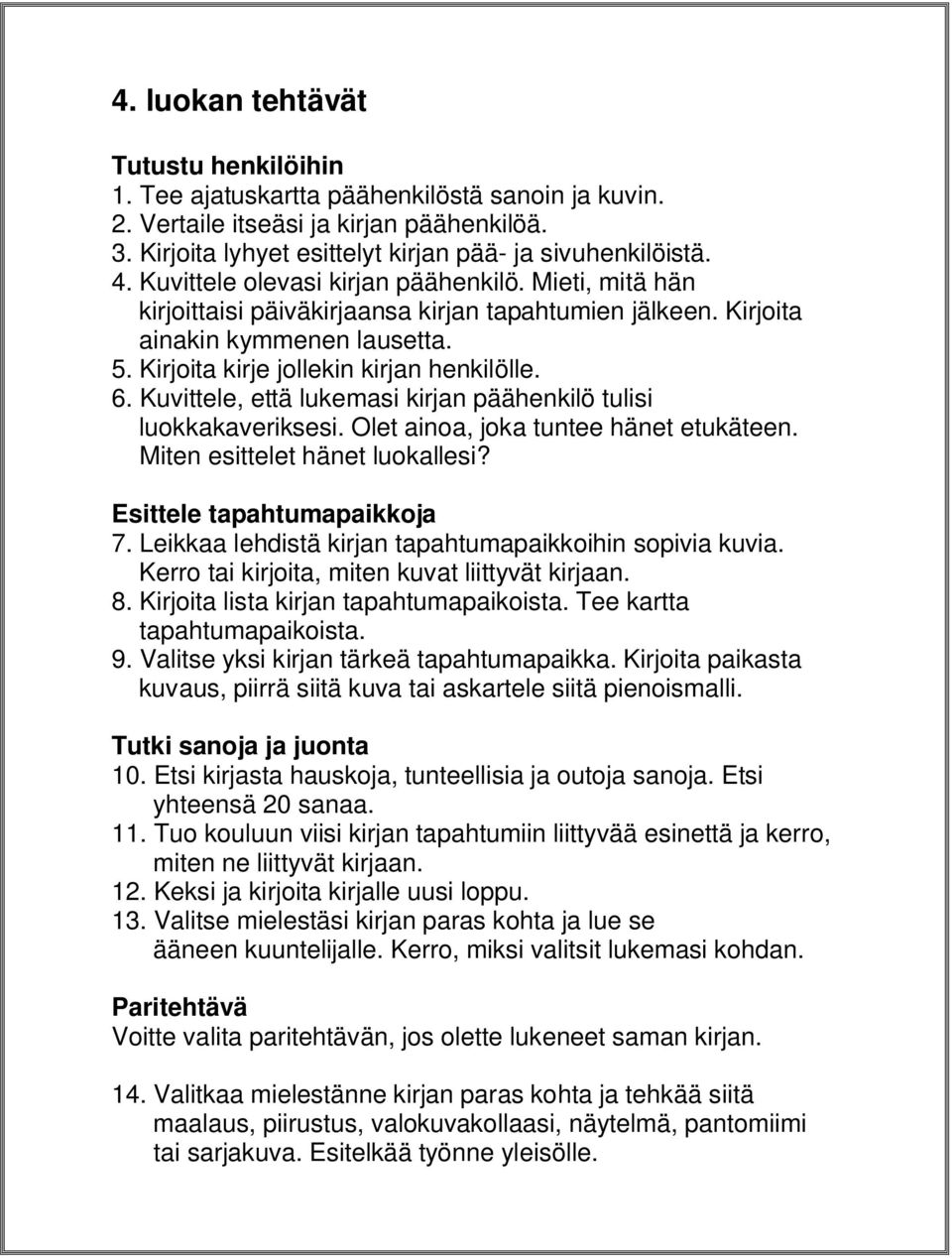 Kuvittele, että lukemasi kirjan päähenkilö tulisi luokkakaveriksesi. Olet ainoa, joka tuntee hänet etukäteen. Miten esittelet hänet luokallesi? Esittele tapahtumapaikkoja 7.