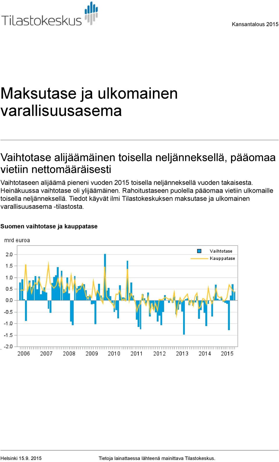 Heinäkuussa vaihtotase oli ylijäämäinen. Rahoitustaseen puolella pääomaa vietiin ulkomaille toisella neljänneksellä.