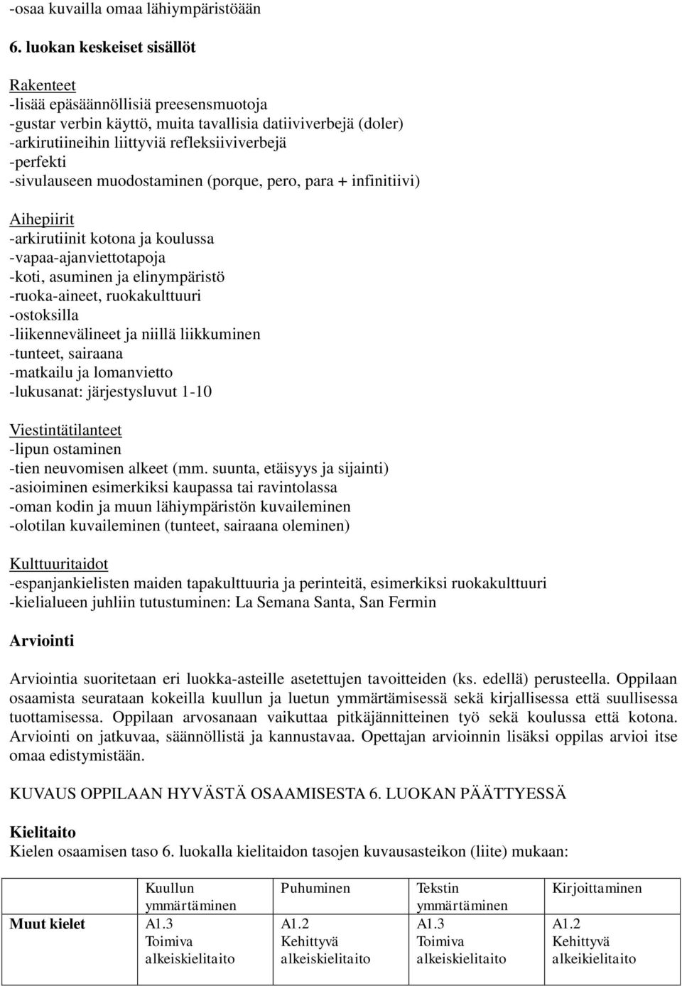 muodostaminen (porque, pero, para + infinitiivi) Aihepiirit -arkirutiinit kotona ja koulussa -vapaa-ajanviettotapoja -koti, asuminen ja elinympäristö -ruoka-aineet, ruokakulttuuri -ostoksilla