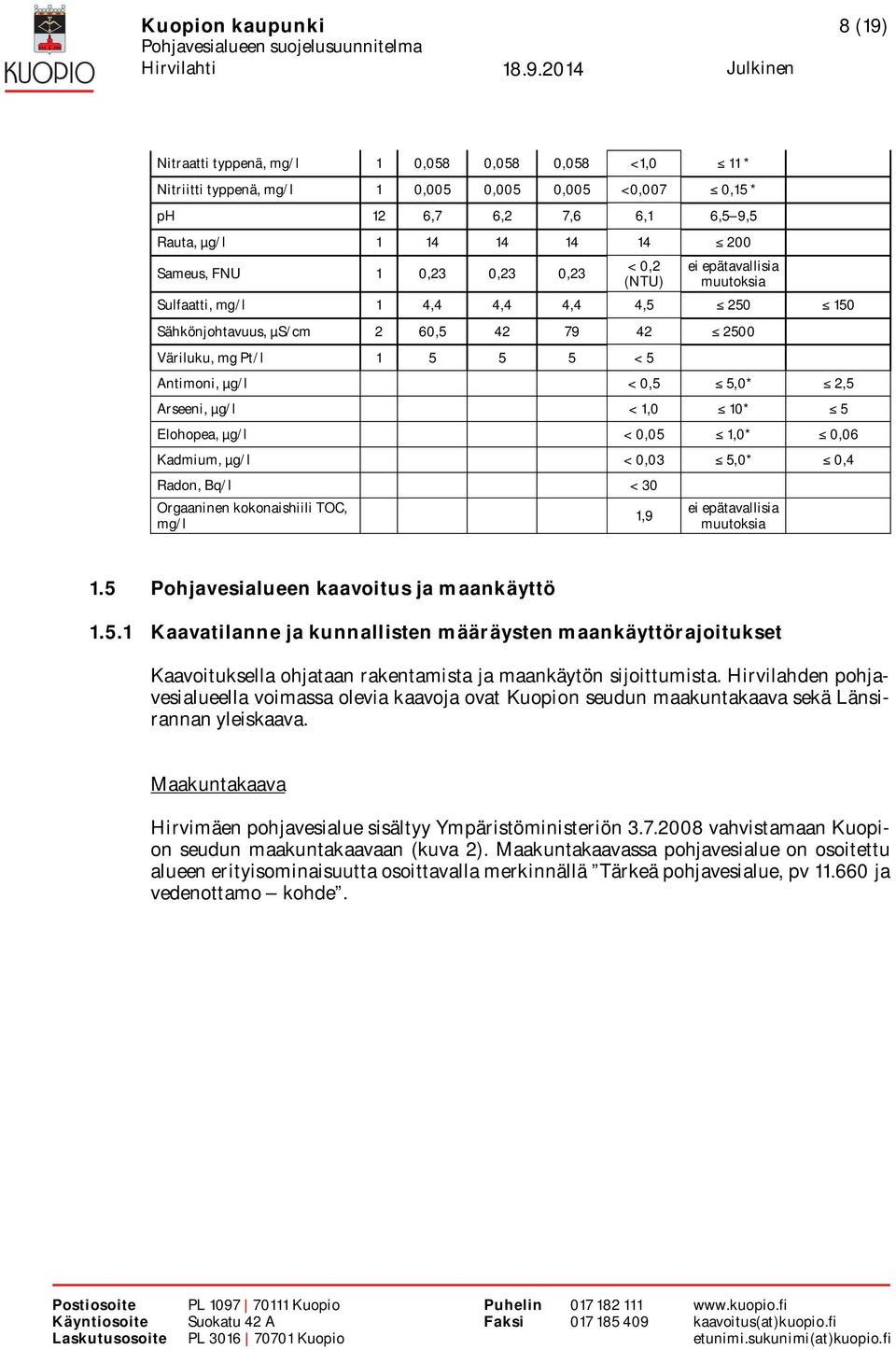 < 0,5 5,0* 2,5 Arseeni, µg/l < 1,0 10* 5 Elohopea, µg/l < 0,05 1,0* 0,06 Kadmium, µg/l < 0,03 5,0* 0,4 Radon, Bq/l < 30 Orgaaninen kokonaishiili TOC, mg/l 1,9 ei epätavallisia muutoksia 1.