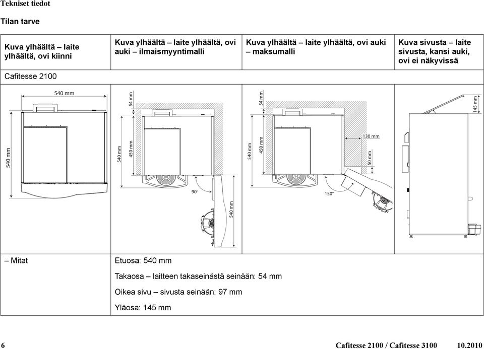 Cafitesse 2100 540 mm 540 mm 540 mm 54 mm 450 mm 540 mm 450 mm 54 mm 130 mm 50 mm 540 mm 145 mm 90 150 Mitat Etuosa: