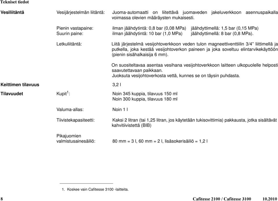 Letkuliitäntä: Liitä järjestelmä esijohtoerkkoon eden tulon magneettienttiilin 3/4 liittimellä ja putkella, joka kestää esijohtoerkon paineen ja joka soeltuu elintarikekäyttöön (pienin sisähalkaisija