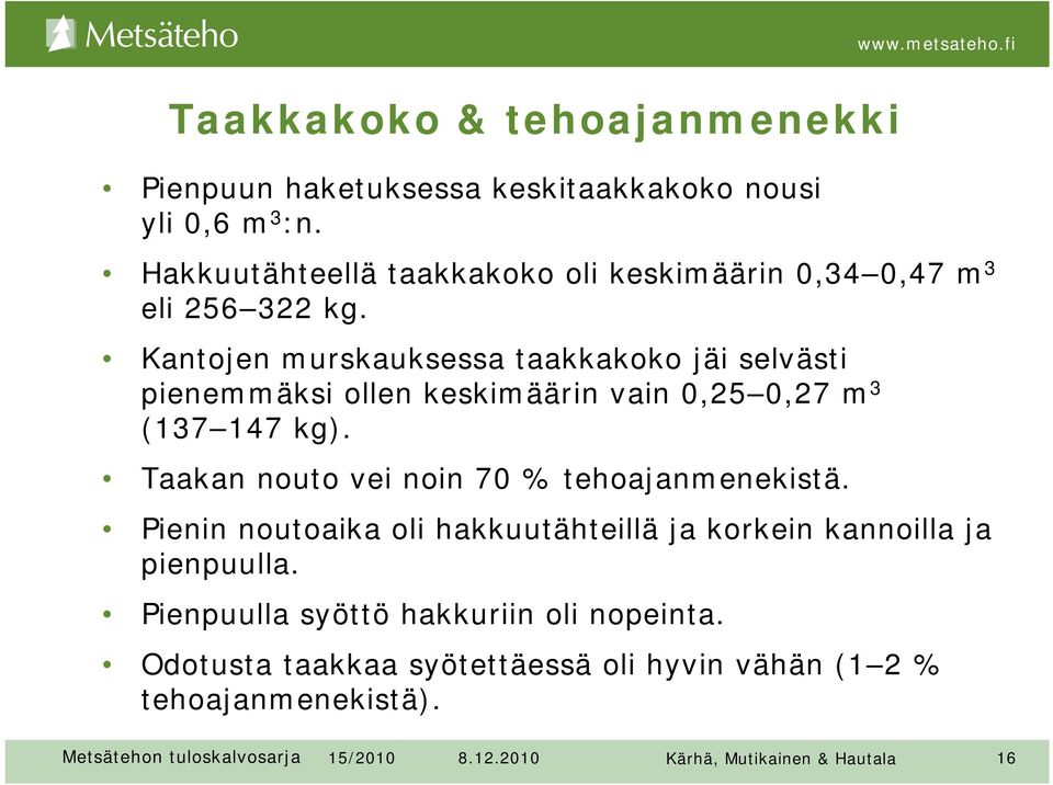 Kantojen murskauksessa taakkakoko jäi selvästi pienemmäksi ollen keskimäärin vain 0,25 0,27 m 3 (137 147 kg).