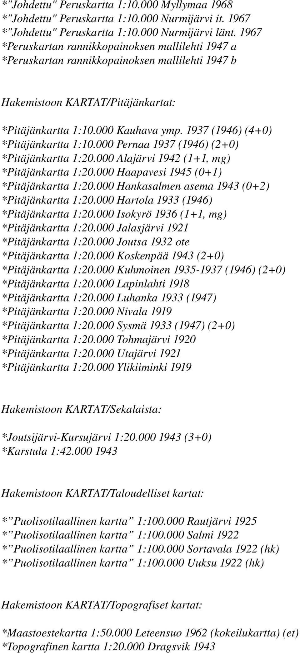 1937 (1946) (4+0) *Pitäjänkartta 1:10.000 Pernaa 1937 (1946) (2+0) *Pitäjänkartta 1:20.000 Alajärvi 1942 (1+1, mg) *Pitäjänkartta 1:20.000 Haapavesi 1945 (0+1) *Pitäjänkartta 1:20.