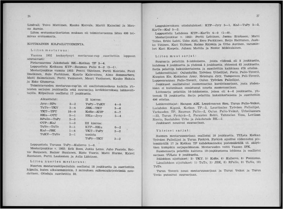 Mestarijoukkue vuonna 1952: Pentti Tähtinen, Pertti Koivisto Pauli Imel~inen, Su:o Parkkinen, Kaarlo Kalavainen, Aimo Somm~rberg, ~attl Salmelamen, Pertti Vallihanen, Mauri Vanhanen, Kauko Hakala Ja