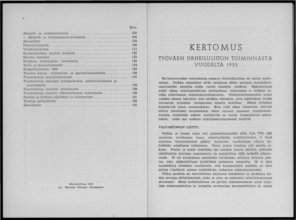 ................. Kilpailutoiminta 1953............................ Tilastoa kurssi-, valmennus- ja opetustilaisuuksista....... Tilastotietoja seuratoiminnasta.