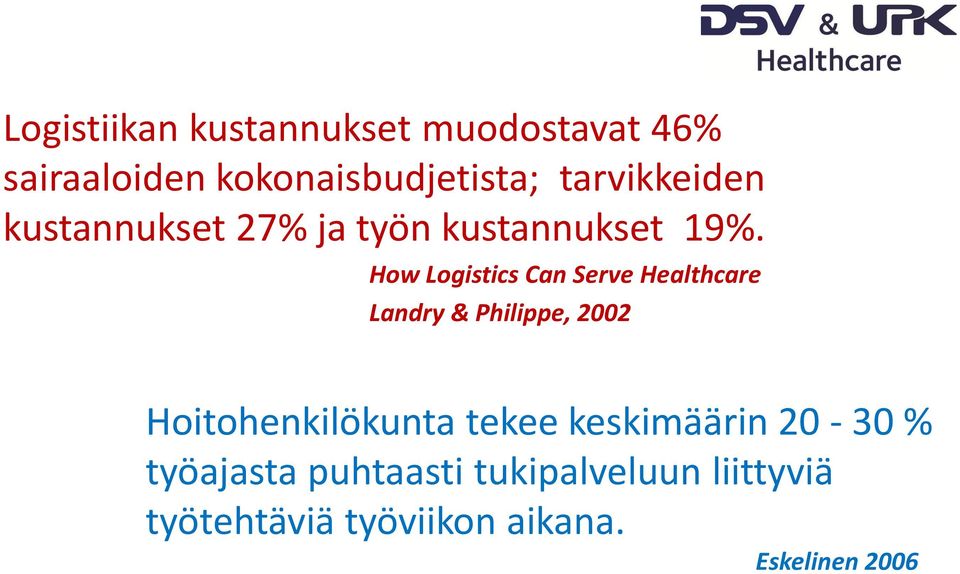 How Logistics Can Serve Healthcare Landry & Philippe, 2002 Hoitohenkilökunta