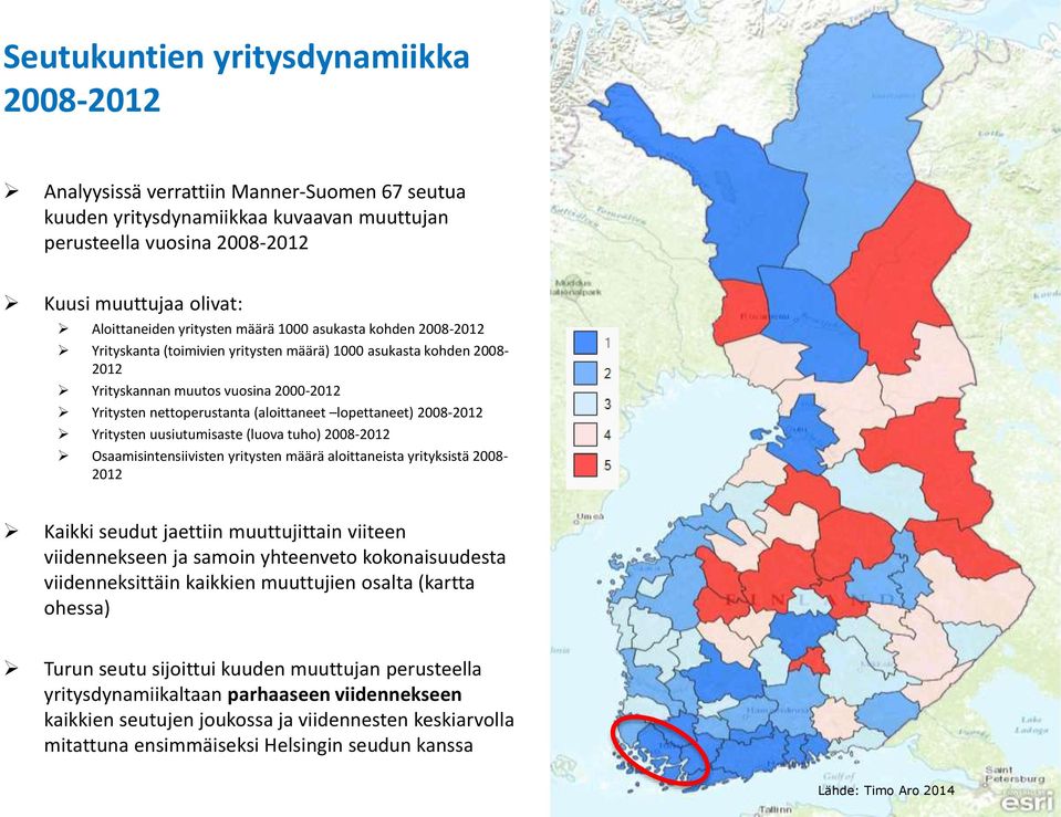 lopettaneet) 2008-2012 Yritysten uusiutumisaste (luova tuho) 2008-2012 Osaamisintensiivisten yritysten määrä aloittaneista yrityksistä 2008-2012 Kaikki seudut jaettiin muuttujittain viiteen