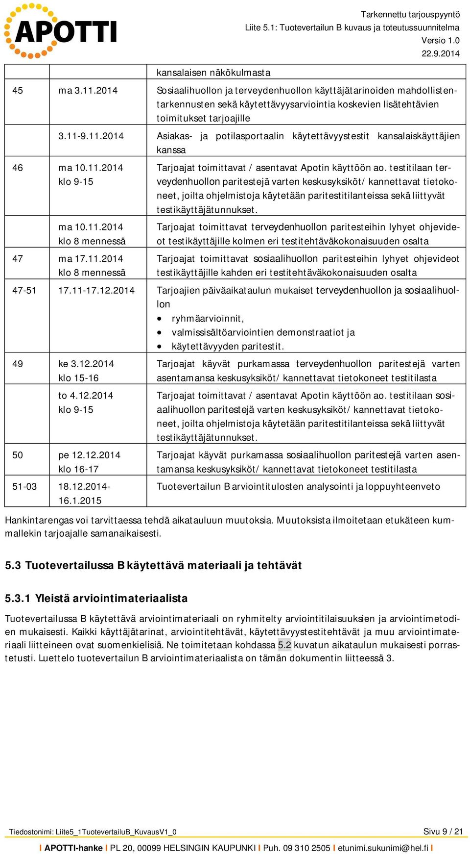 9.11.2014 Asiakas- ja potilasportaalin käytettävyystestit kansalaiskäyttäjien kanssa 46 ma 10.11.2014 klo 9-15 ma 10.11.2014 klo 8 mennessä 47 ma 17.11.2014 klo 8 mennessä Tarjoajat toimittavat / asentavat Apotin käyttöön ao.